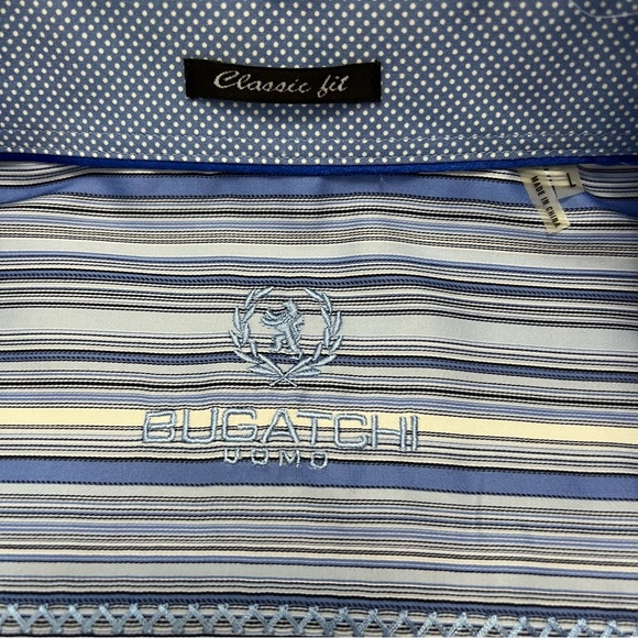 Bugatchi Uomo Men's Large Classic Fit Blue StripedLong Sleeve Button Front Shirt - Picture 2 of 3